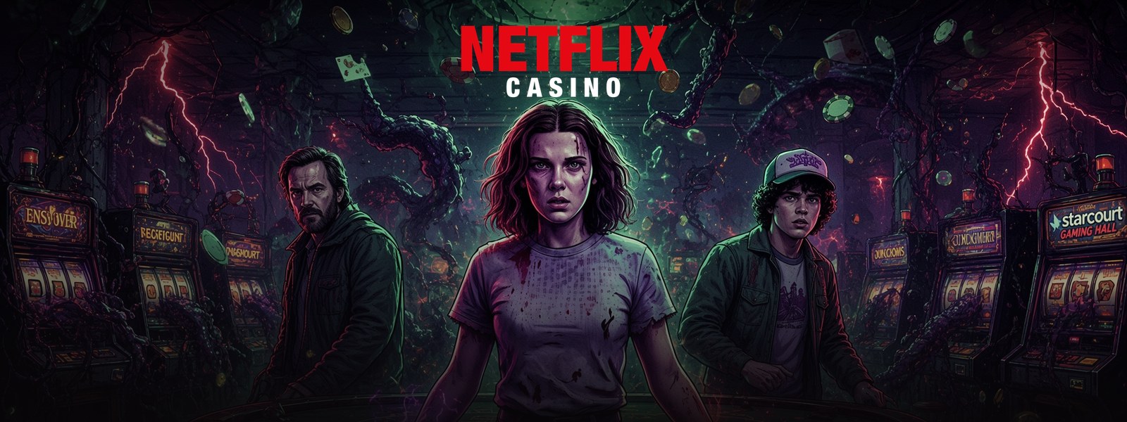 Personaggi mascherati davanti alle luci di una sala da gioco